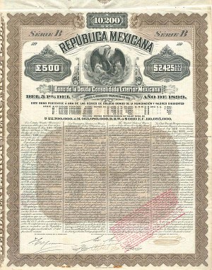 "Mexicana Brown" Republica Mexicana, Deuda Consolidada Exterior Del 5% de 1899, £500 British Pounds, $2,425 US GOLD
